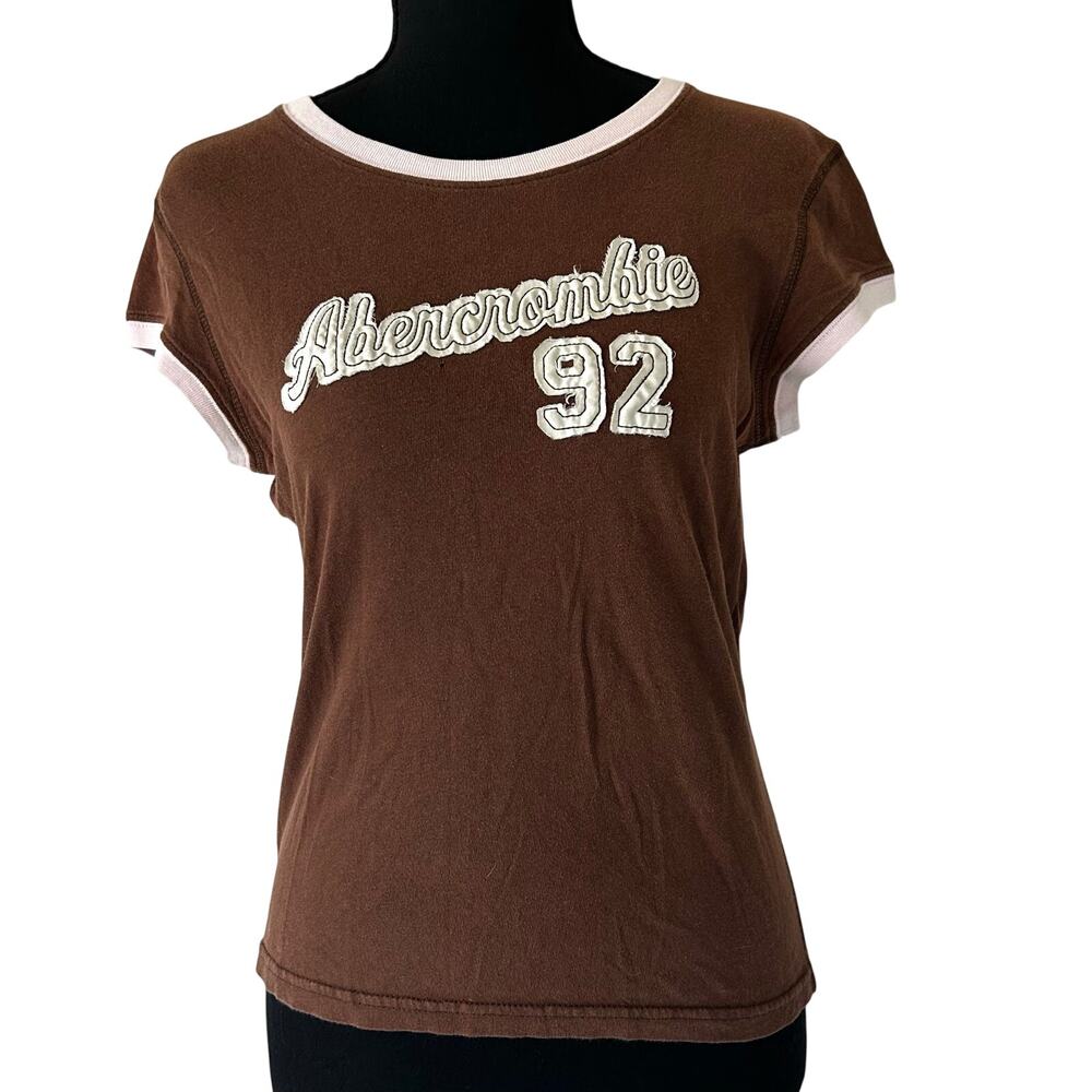 Vintage Abercrombie & Fitch Brown Ringer Baby Tee Logo Y2K coquette retro L